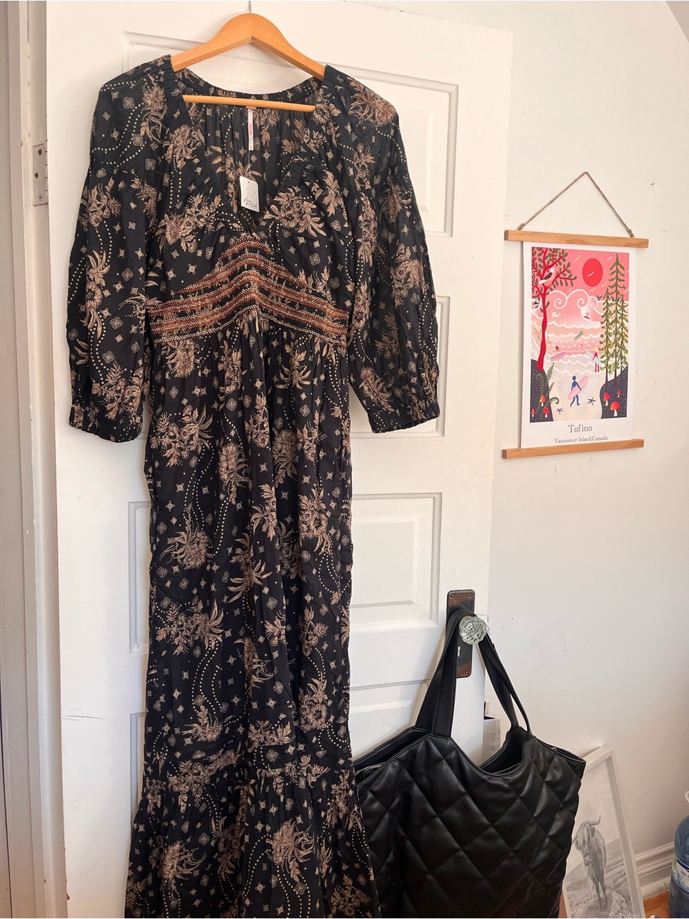 Free People Boho Floral Black Maxi Dress with Tan Accents